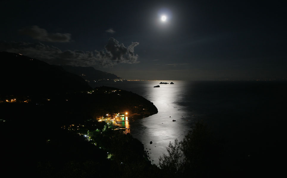 Marina del Cantone (Massa Lubrense) at full moon The lights of Marina del Cantone on the Amalfi Coast / Sorrento Peninsula under a full moon in a clear night