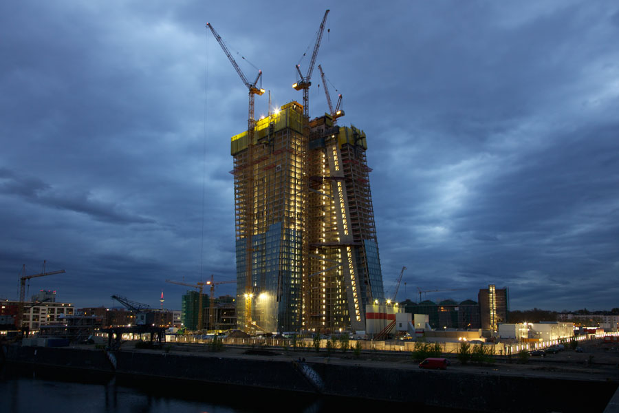 The Construction site of the European Central Bank in Frankfurt at twilight